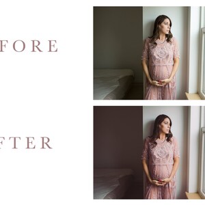 May include: The image shows a before-and-after comparison of a photograph. The "BEFORE" image shows a woman in a pink lace dress standing by a window. The "AFTER" image shows the same woman in the same dress. The text "BEFORE" and "AFTER" are in a mauve color.