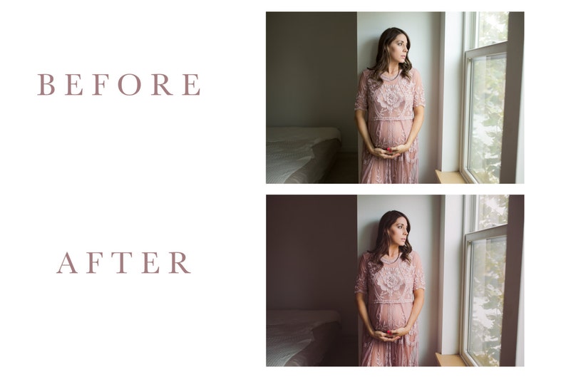May include: The image shows a before-and-after comparison of a photograph. The "BEFORE" image shows a woman in a pink lace dress standing by a window. The "AFTER" image shows the same woman in the same dress. The text "BEFORE" and "AFTER" are in a mauve color.