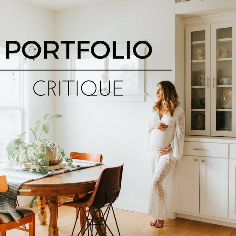 May include: A pregnant woman in a white lace dress stands in a dining room with a wooden table and chairs. The text "PORTFOLIO CRITIQUE" is displayed above her.