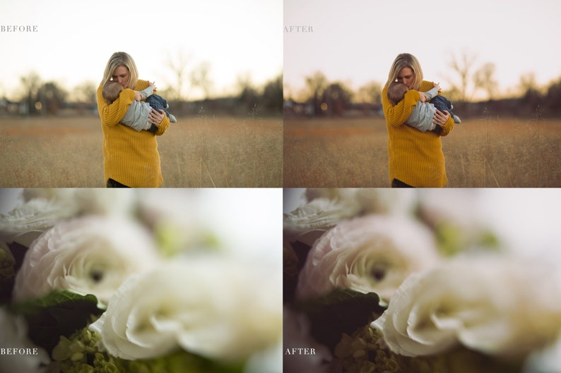 May include: A woman wearing a mustard yellow sweater holds a baby in a field of tall grass. The baby is wearing a gray outfit. The top of the image has the word "BEFORE" in the top left corner.