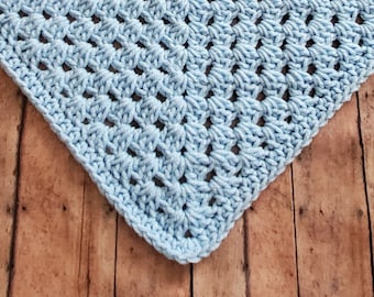 Blue Crochet Baby Blanket,  Granny Square Blanket - Handmade Baby Boy Shower Gift - Newborn Baby Photo Prop Throw - Priority Ship