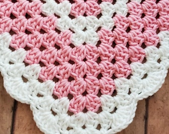 Bubble Gum Pink and White Crochet Baby Blanket - Granny Square Handmade Baby Shower Gift - Newborn Baby Blanket Photo Prop - Priority Ship