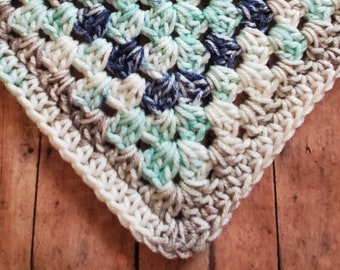 Crochet Baby Blanket, Blue and Gray Baby Blanket- Granny Square - Handmade Baby Shower Gift - Newborn Baby Photo Prop Throw - Priority Ship