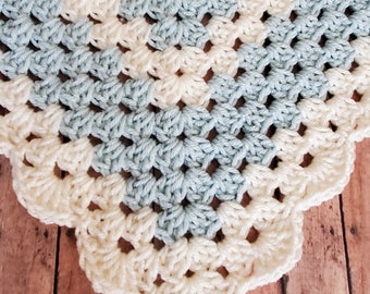 Blue Crochet Baby Blanket, Crochet Granny Square Baby Blanket - Handmade Baby Shower Gift - Newborn Baby Photo Prop - Priority Ship