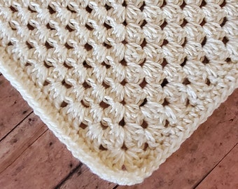Crochet Ivory Cream Baby Blanket - Super Soft Granny Square Baby Shower Gift - Simple and Chic Unisex Baby Blanket Photo Prop- Priority Ship