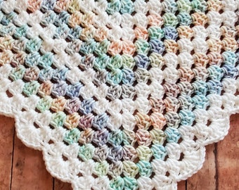 Pastel Rainbow and White Crochet Blanket - Handmade Granny Square Baby Shower Gift - Newborn Baby Photo Prop - Priority Ship