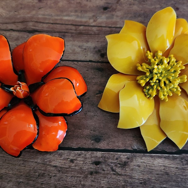 Vintage 1950s-1960s Orange and Yellow Flower Pin Set - Rare Costume Pins - Excellent Condition - Ready to Ship