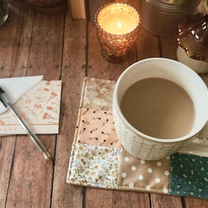 Quilted Mug Mat Coaster - Shabby Chic Neutral Colored Floral Farmhouse Mug Mat - Unique Gift Idea & Home Office Desk Decor - Ready to Ship