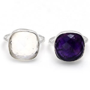 Purple Amethyst and Crystal Quartz Ring-Bezel Ring-15mm Cushion Ring-Gemstone Ring- Sterling Silver Ring-Christmas Gift Ring-Handmade Ring