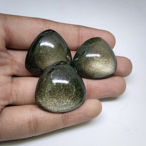 Golden Shine Obsidian Triangle Cabochon 3 Pieces Lot  Sizes 26x25x10mm To 27x26x9mm, Flatback Cabochon Used For Jewelry Making