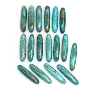 Cabujón de turquesa verde azulado de 32 x 7 mm, par de piedras preciosas, piedra preciosa ovalada de longitud larga con parte posterior plana, piedra preciosa al por mayor, piedra preciosa turquesa, uso colgante