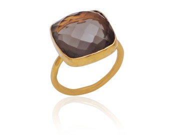 Smoky Quartz Ring, 18k Gold Plated Sterling Silver, Cushion Cut