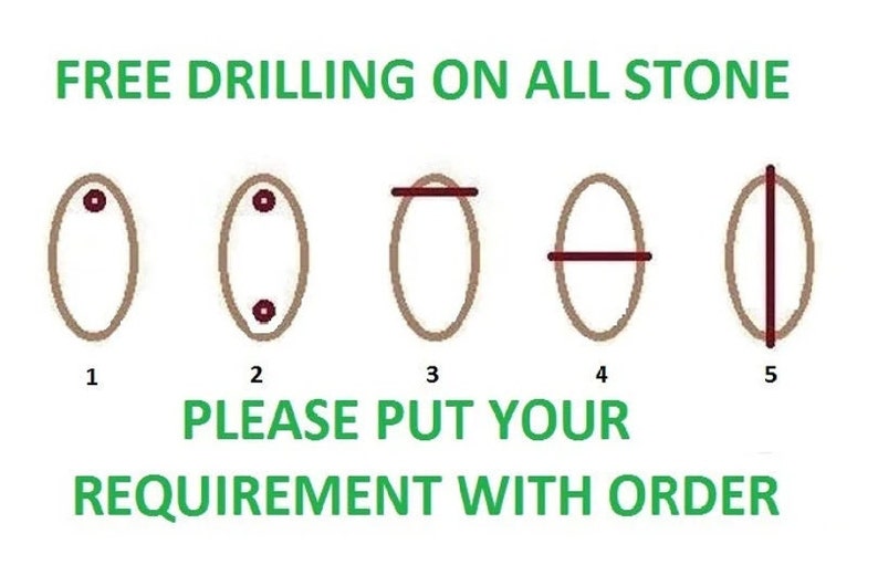 May include: Diagram showing five different drilling options for stone. Options include single holes, double holes, a horizontal line, a horizontal line across the centre, and a vertical line down the centre. The text reads "FREE DRILLING ON ALL STONE PLEASE PUT YOUR REQUIREMENT WITH ORDER."
