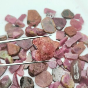 May include: A close-up of a collection of pink and red rough ruby gemstones. The gemstones are various sizes and shapes, and some are being held by tweezers.