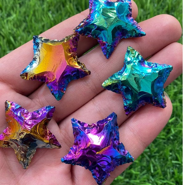 Angel Aura Quartz Star, Aura Obsidian Star, Rainbow Coated Aura Quartz Star Metaphysical Titanium Coated Aura Star Crystal for Jewelry Stone