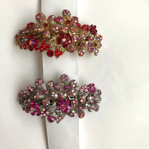 May include: Two hair clips with a floral design. The top clip has red rhinestones and a gold finish. The bottom clip has pink rhinestones and a silver finish.