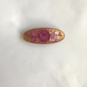 Yellow daisies , tan orange rose, resin flower engraved hair clip barrette in medium size purple rose -gold b