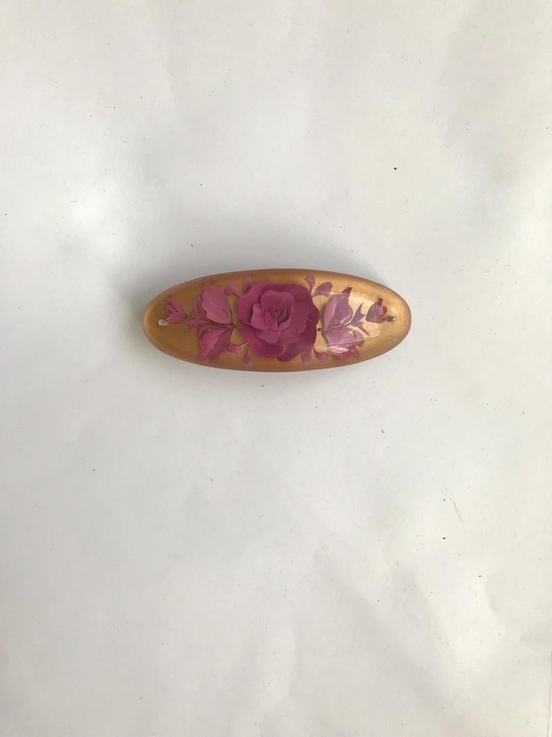 Yellow daisies , tan orange rose, resin flower engraved hair clip barrette in medium size purple rose -gold b
