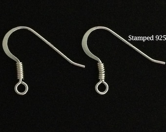 Sterling Silver Hook Earring Wires bulk , 2 20 50 100 pcs 25%OFF , Silver Fish Hook Earring Wires , Genuine 925 Sterling Silver French Hook