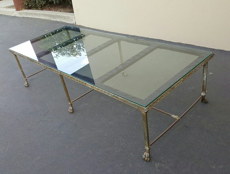 1960s Solid Brass Hollywood Regency Coffee Table Vintage Glass Image 0