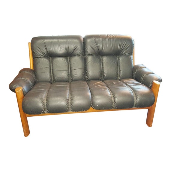 1970s Ekornes Teak Leather Settee Montana Collection Solid Frame Loveseat Of Norway Mid Century Modern Scandinavian Norwegian