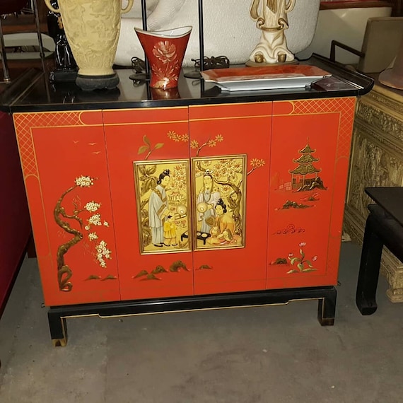 1960s Asian Modern Black Asian Red Lacquered Cabinet Etsy