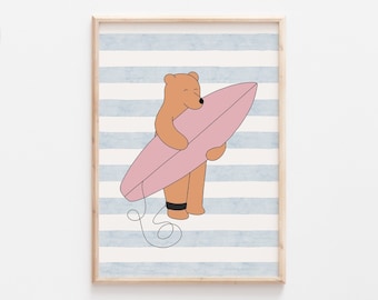 Póster de surf, arte mural imprimible, ambiente playero, decoración infantil, decoración de habitación de bebé, arte de tabla de surf, descarga digital
