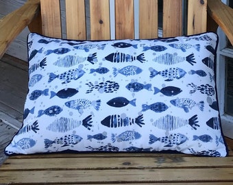 Blue Fish Pattern Pillow Cover, Rectangle, 22x14, Home Decor