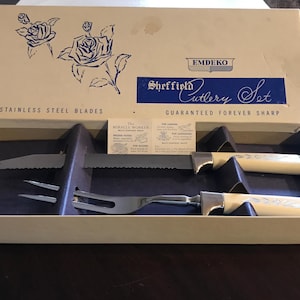 Vintage Emdeko Sheffield Cutlery Set Carving Set in Original Box - Regent Sheffield - Stainless Steel Blades