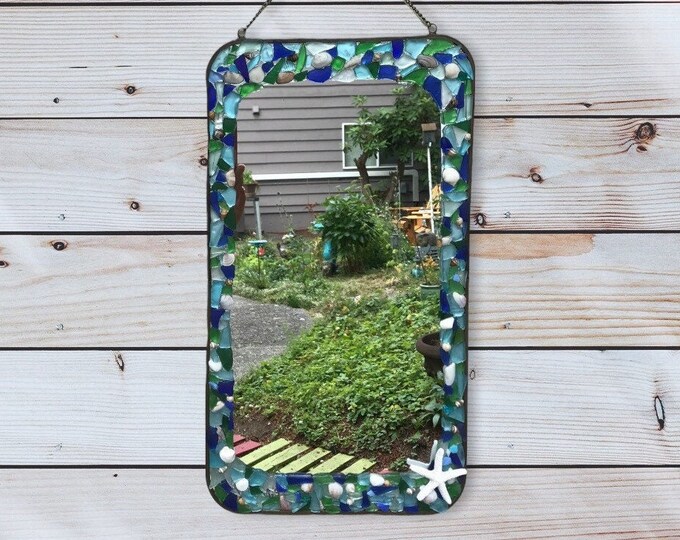 Beach Glass Mirror, Lined With Seashells and Beach Glass, Beach Decor
