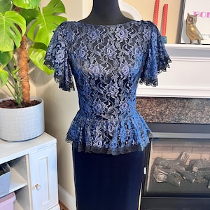 Vintage 1980s Blue and Black Lace Mini Dress by Gunne Sax by Jessica McClintock