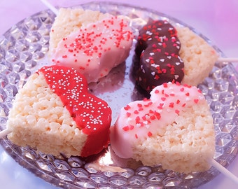 Heart Rice Krispy Treat Pop - Valentine Chocolate Dipped Treat - Chocolate Dipped Heart Rice Krispy Treat - 1 dozen