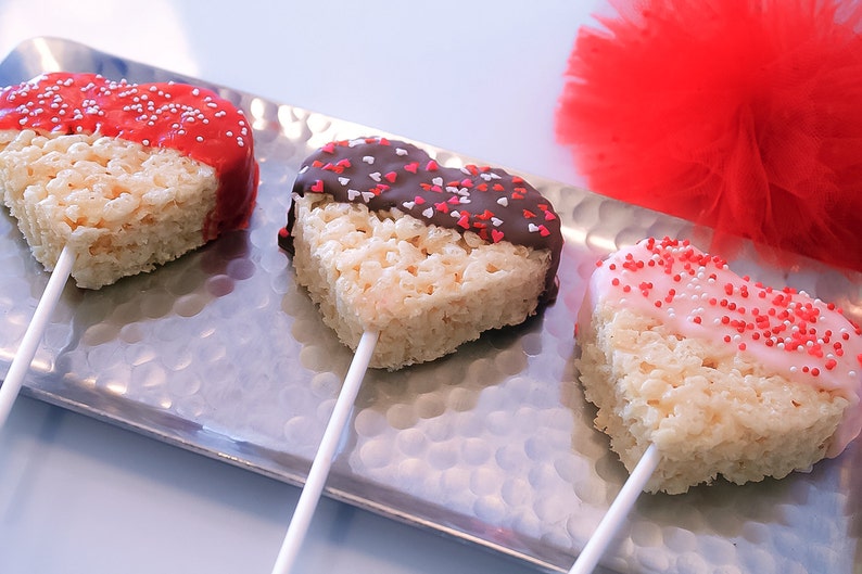 Heart Rice Krispy Treat Pop Valentine Chocolate Dipped Treat Chocolate Dipped Heart Rice Krispy Treat 1 dozen image 3