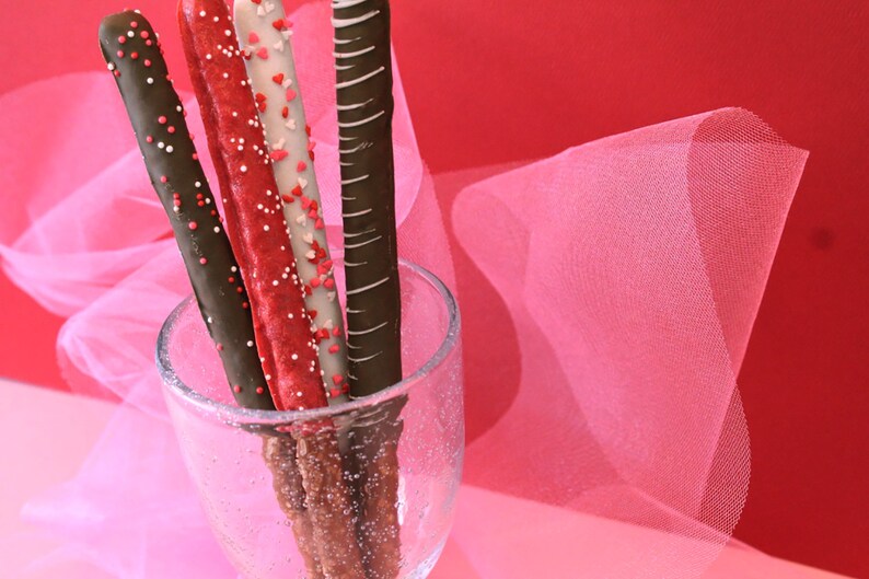 Valentines Theme Chocolate Covered Pretzel Rods 1 Dozen Pretzel Rods Come Packaged as a Valentines Gift image 2