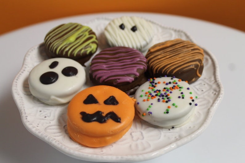 Halloween Themed Chocolate Covered Sandwich Cookies 1 Dozen image 1