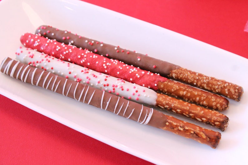 Valentines Theme Chocolate Covered Pretzel Rods 1 Dozen Pretzel Rods Come Packaged as a Valentines Gift image 4