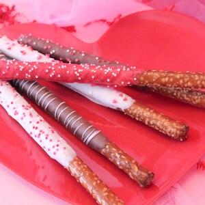 Valentines Theme Chocolate Covered Pretzel Rods 1 Dozen Pretzel Rods Come Packaged as a Valentines Gift image 3