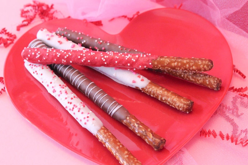 Valentines Theme Chocolate Covered Pretzel Rods 1 Dozen Pretzel Rods Come Packaged as a Valentines Gift image 3
