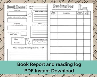 Book Report and Reading Log PDF Instant Download, worksheet, activity, reading tracker / log, journal, printable