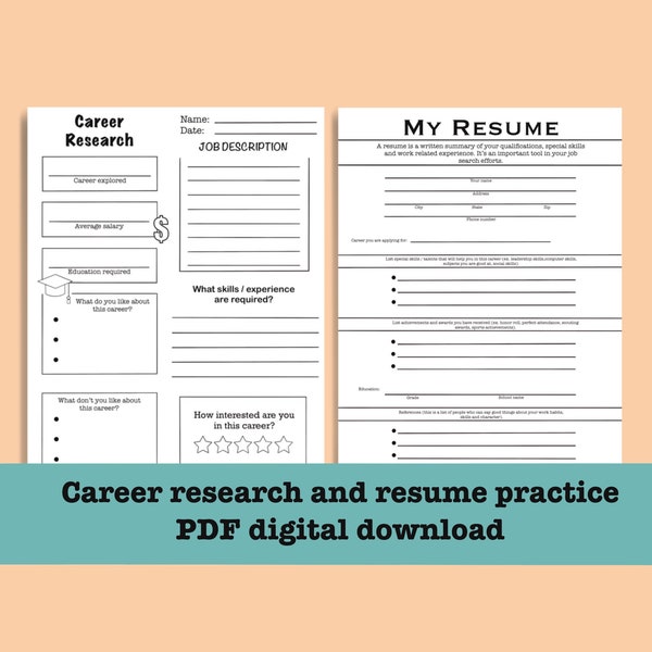 Career research/ exploration and practice resume worksheet, activity, PDF digital download, instant download, teacher, student