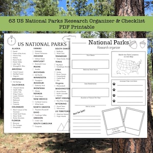 63 US National Parks Research Organizer and Checklist Printable Worksheet, Instant Download, Homeschool, travel hiking, activity, road trip