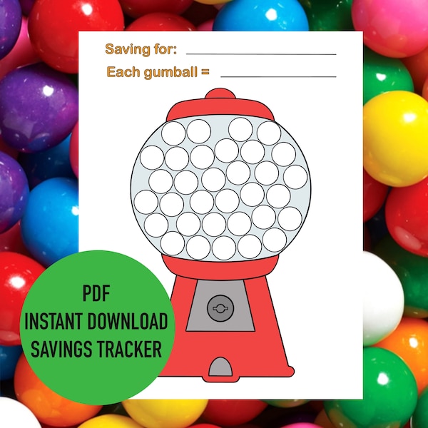 Gumball Machine Savings Tracker PDF Digital Instant Download, Printable, Coloring Page, Goal, Bullet Journal, Chart, Motivation, Planner