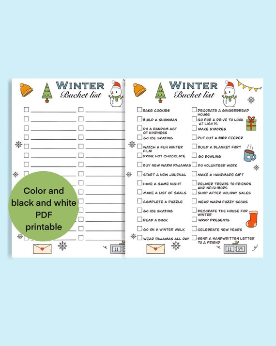 Winter Bucket List Bundle to Do Fun PDF Digital Download