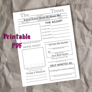 All About Me Newspaper PDF Printable, Worksheet, Activity