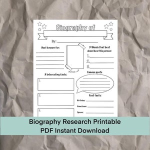 Biography Research Printable Digital Download, Educational, Homeschool, School, Worksheet, Poster, Fill in the blank, History, Book Report