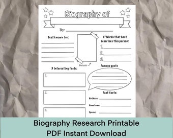 Biography Research Printable Digital Download, Educational, Homeschool, School, Worksheet, Poster, Fill in the blank, History, Book Report