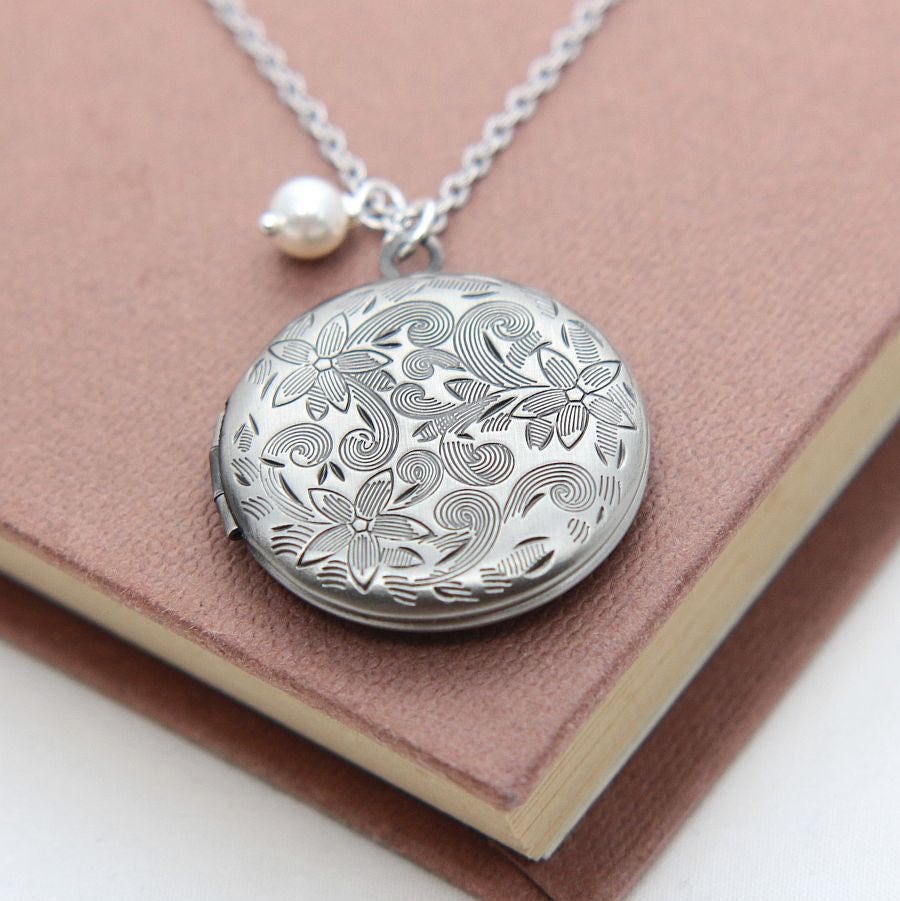 Silver Locket Locket Necklace Round Locket Pendant Floral | Etsy