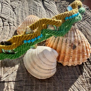 Può includere: Un braccialetto macramè fatto a mano nei toni del verde oliva e verde brillante, adornato con perline turchesi e elementi di conchiglie iridescenti. Il braccialetto è appoggiato su una superficie di legno invecchiato con conchiglie.