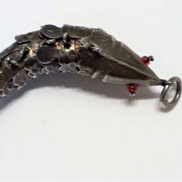 Antique Sterling Silver Articulated Fish Pendant Fob Charm with Red Eyes