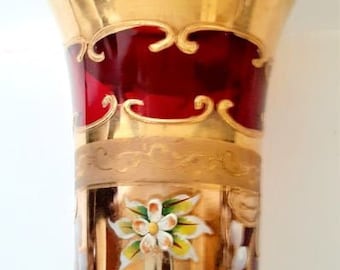 Czech Bohemian Moser Raised Enamel Champagne Hollow Stem Flute Ruby Red 3D Floral Gold